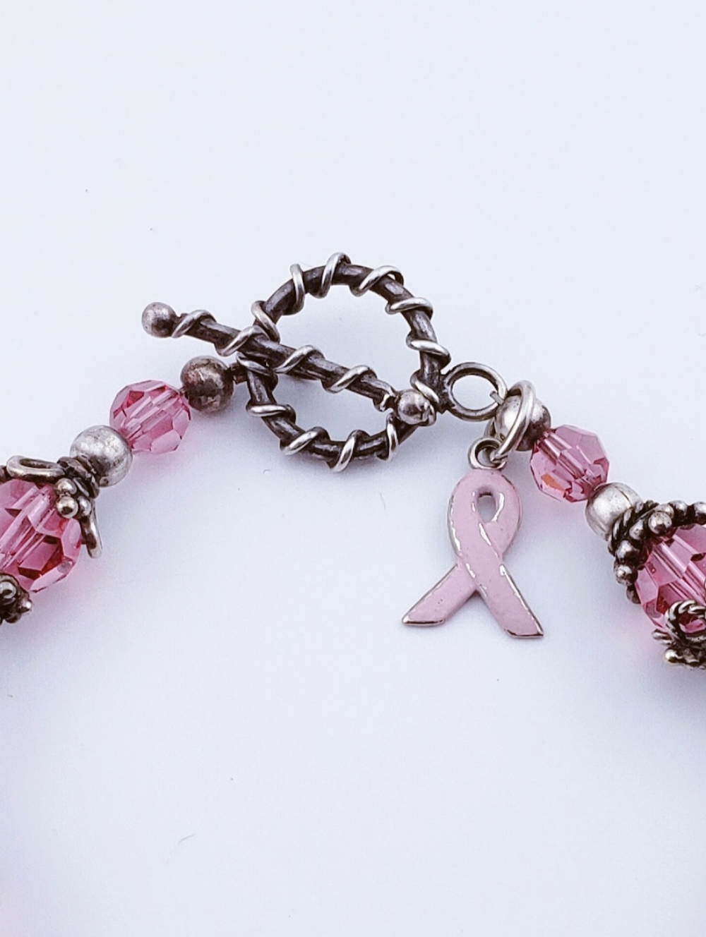 Beautiful Pink Glass Crystal Breast Cancer Awareness Ribbon Bracelet - Picture 2 of 6